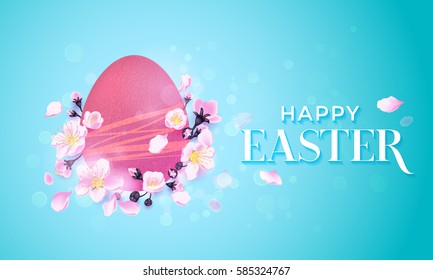 Happy Easter Paschal egg and text lettering for springtime greeting card. Vector decorated egg in flowers of cherry blossom on blue sky background for greeting card.