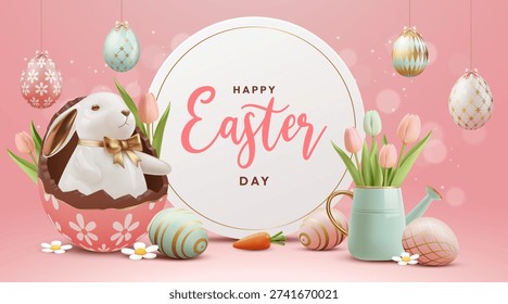 Happy Easter Pastel Background with Cute Bunny Eggs and Tulips 3D Greeting Card Design
