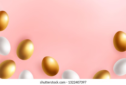 Happy Easter pastel background with the top view golden and white realistic eggs. Easter sale banner template. Realistic vector illustration.