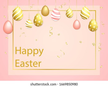 Happy Easter pastel background with the top view golden and white realistic eggs. Easter sale banner template. Realistic vector illustration.