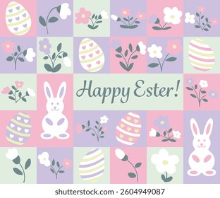 Happy Easter. Easter pastel botanic pattern of flowers, rabbits, eggs in flat style. Elegant, aesthetic, stylish hand drawing doodles of vector vintage botanical elements