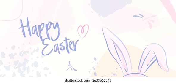 Happy Easter Pastel Bunny Ears Banner. Cheerful Holiday Design with Handwritten Text and Subtle Floral Elements