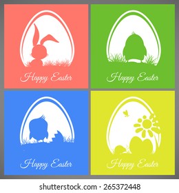 Happy easter pastel colorful vector illustration cards Set meadow with rabbit, chicken, newborn, butterfly, eggs, flower, ladybug silhouettes in egg