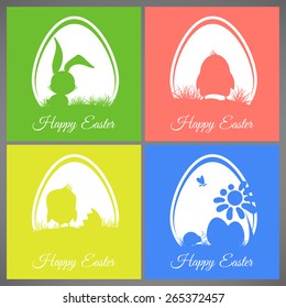 Happy easter pastel colorful vector illustration cards Set meadow with rabbit, chicken, newborn, butterfly, eggs, flower, ladybug silhouettes in egg