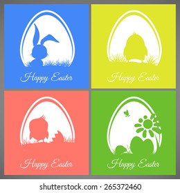 Happy easter pastel colorful vector illustration cards Set meadow with rabbit, chicken, newborn, butterfly, eggs, flower, ladybug silhouettes in egg
