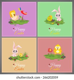 Happy easter pastel colorful vector illustration cards Set meadow with rabbit, chicken, newborn, butterfly, eggs, flower, ladybug