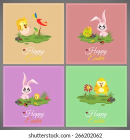 Happy easter pastel colorful vector illustration cards Set meadow with rabbit, chicken, newborn, butterfly, eggs, flower, ladybug