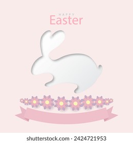 Happy easter pastel colors greeting card design with rabbit, flower and ribbon on pink background for your text, Vector illustration