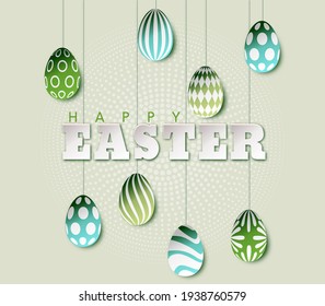 Happy Easter pastel green invitation card poster with flat eggs