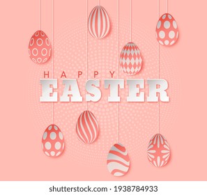 Happy Easter pastel pink invitation card poster with flat eggs