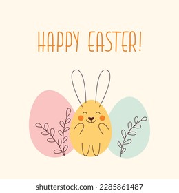 Happy Easter. Pastel tone design with a rabbit, spring leaves and Easter eggs. Template for cards, banners and posters	