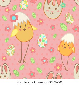 The happy easter patter with chicken and flowers for design