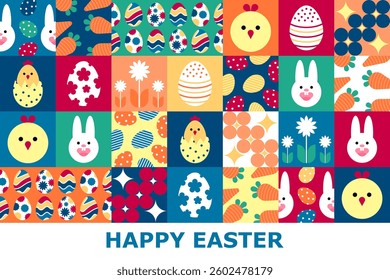 Happy easter. Easter pattern. Easter background holiday poster. Colorful eggs, cute bunny, baby chicken, flowers, elements, graphic design, illustration, banner, wallpaper, flat, card, icon, rabbit.
