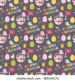 Happy Easter pattern with bird,eggs,basket with eggs,chicken in shell, flower,text Happy Easter on a brown background