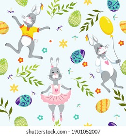 Happy Easter pattern with bunnies, eggs, leaves, flowers and balloons. Cute seamless vector pattern. Spring holidays.