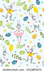 Happy Easter pattern with bunnies, eggs, leaves, flowers and balloons. Cute seamless vector pattern. Spring holidays.