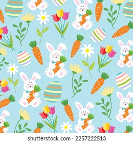 Happy easter pattern with bunny, carrot, flower and eggs