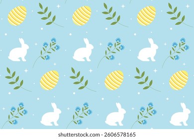 Happy Easter pattern. Easter bunny,  flowers , egg, twigs. on blue background. Design for greeting cards, posters, decorations, wrapping paper, textile. Flat cartoon style.Vector illustration.