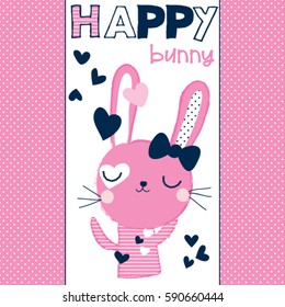 Happy Easter pattern with bunny girl, cute bunny cartoon, T-shirt design for kids vector illustration