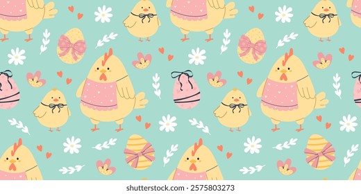 Happy Easter pattern with chicken and easter eggs
