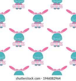 Happy Easter pattern colorful design with split girl rabbit and text. Seamless Easter wallpaper. Stock vector holiday typography background
