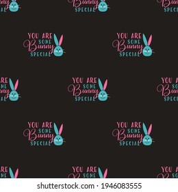 Happy Easter pattern colorful design with rabbit ears and quotes. Seamless Easter wallpaper. Stock vector holiday typography background