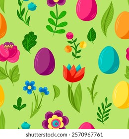 Happy Easter pattern. Cute bunnies, eggs and flowers for celebration.