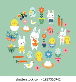 Happy Easter pattern with cute bunny, egg, flower, branch, chicken with colorful