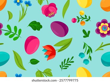 Happy Easter pattern. Cute eggs and flowers for celebration.