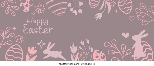 Happy easter pattern decoration with bunny, flowers and eggs. Simple easter graphic for event, festival and event design. Vector illustration.