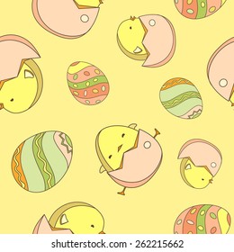 Happy easter! Pattern with eggs and chickens. Can be used as gift paper. Cute chickens on a gentle yellow background. Colorful easter eggs. For printing on clothes, notebooks, bed linen.