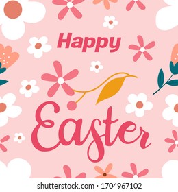 Happy Easter pattern with flowers on pink background for designe greeting card and decoration holiday