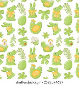 Happy Easter pattern of lovely green elements from eggs, bunnies, chickens, flowers, twigs, cakes and bows. Vector Easter holiday seamless background for designing a card and invitation to a holiday.