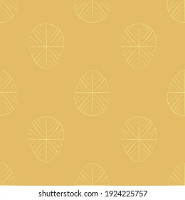 Happy Easter pattern. Easter pastel yellow color background. Easter eggs whith traditional ornaments. Printable for scrapbooking, paper, greeting cards, paper, napkins on the table.