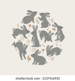 Happy Easter Pattern With Rabbits. Trendy Easter Illustration Of Bunnies In Pastel Colors. Modern Minimal Style. For Kids Poster, Greeting Card And Holiday Decoration