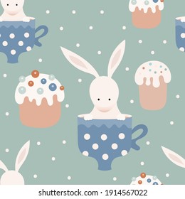 Happy Easter pattern for retro design of wrapping paper – Easter bunny in cup and cake. Seamless vector illustration for packaging. Pattern is cut, no clipping mask.