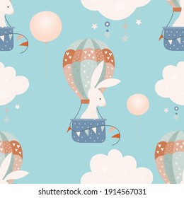Happy Easter pattern for retro design of wrapping paper – Easter bunny in air balloon. Seamless vector illustration for packaging. Pattern is cut, no clipping mask.