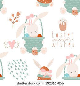 Happy Easter pattern for retro design of wrapping paper – Easter with basket, eggs, willow. Seamless vector illustration for packaging. Pattern is cut, no clipping mask.