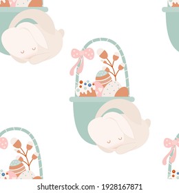 Happy Easter pattern for retro design of wrapping paper – bunny sleeps near an easter basket. Seamless vector illustration for packaging. Pattern is cut, no clipping mask.