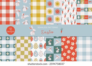 Happy Easter pattern set. Minimalistic backgrounds with bunny, eggs, carrot, flowers. Cute holiday prints design for baby nursery, paper, textile. Hand drawn vector illustrations.