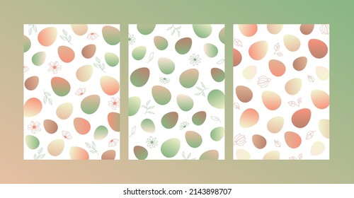 Happy Easter pattern. Spring greeting card. Cute easter egg, flowers and leaves. Vector flat cartoon illustration. Trendy design for social media, poster, print, card, invitation, greeting, tag