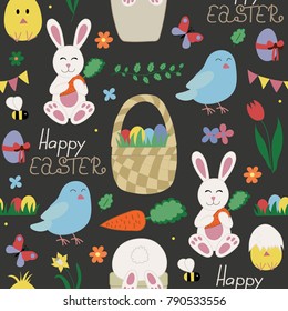 Happy Easter pattern traditional festive symbols. Such as bunny, egg basket, flowers, wreath, birds, butterfly and other decorative elements in cute and childish hand drawn style. Seamless background.