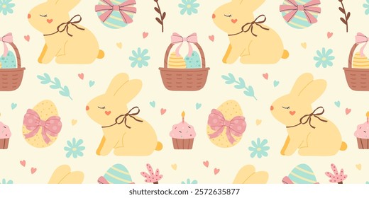 Happy easter pattern with yellow bunny and eggs