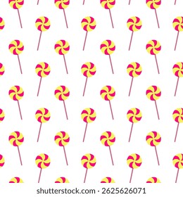 Feliz padrão de Páscoa com amarelo vermelho redemoinho pirulito em estilo primavera festiva. Repetindo pirulito bonito isolado no branco. Conceito alegre decoração sazonal com pirulito para o design de férias de Páscoa. Envolva.