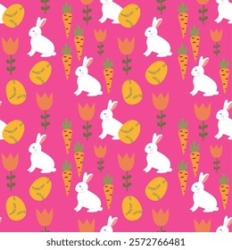 Happy easter patterns with bunnies, eggs, and carrots for festive design.