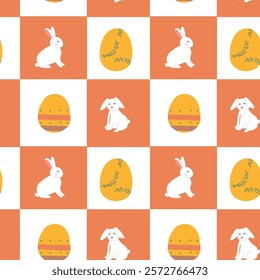 Happy easter patterns with cute bunny and decorative egg for holiday design.