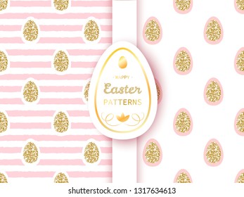 Happy Easter patterns with glitter golden eggs on white and pink stripe background. Holiday luxury texture. Vector. 
