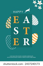 Happy Easter. Patterns. Greeting card template. Vector Easter illustration. Easter eggs, rabbit. Perfect for a poster, holiday cover, or postcard.