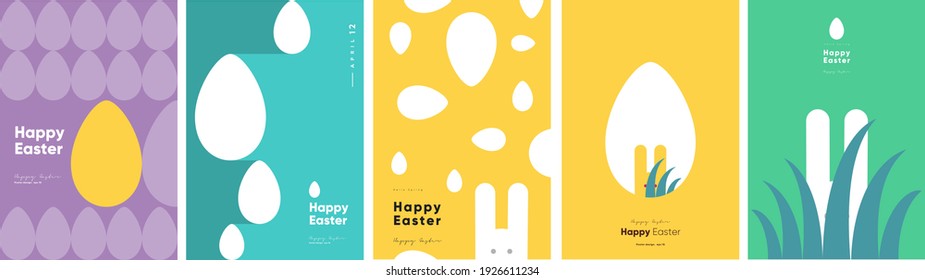 Happy Easter. Patterns. Modern geometric abstract style. A set of vector Easter illustrations. Easter eggs, rabbit. Perfect for a poster, cover, or postcard.