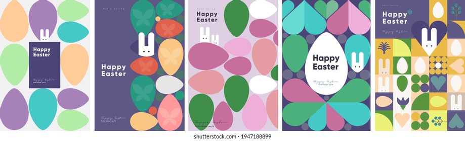 Happy Easter  Patterns  Modern geometric abstract style  A set vector Easter illustrations  Easter eggs  rabbit  Perfect for poster  cover  postcard 